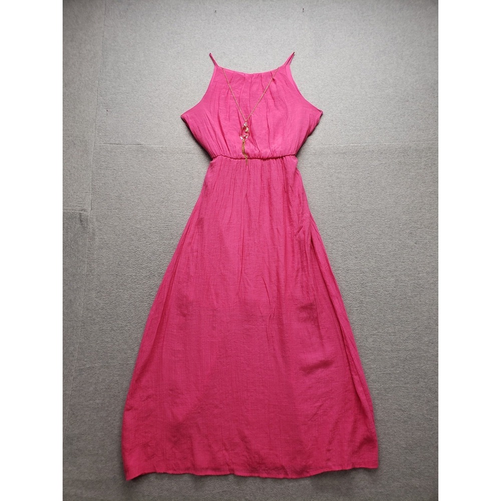 Tacera Women Maxi Dress M Fuchsia Pink Sleeveless‎ Halter Neck Pleated Vacation